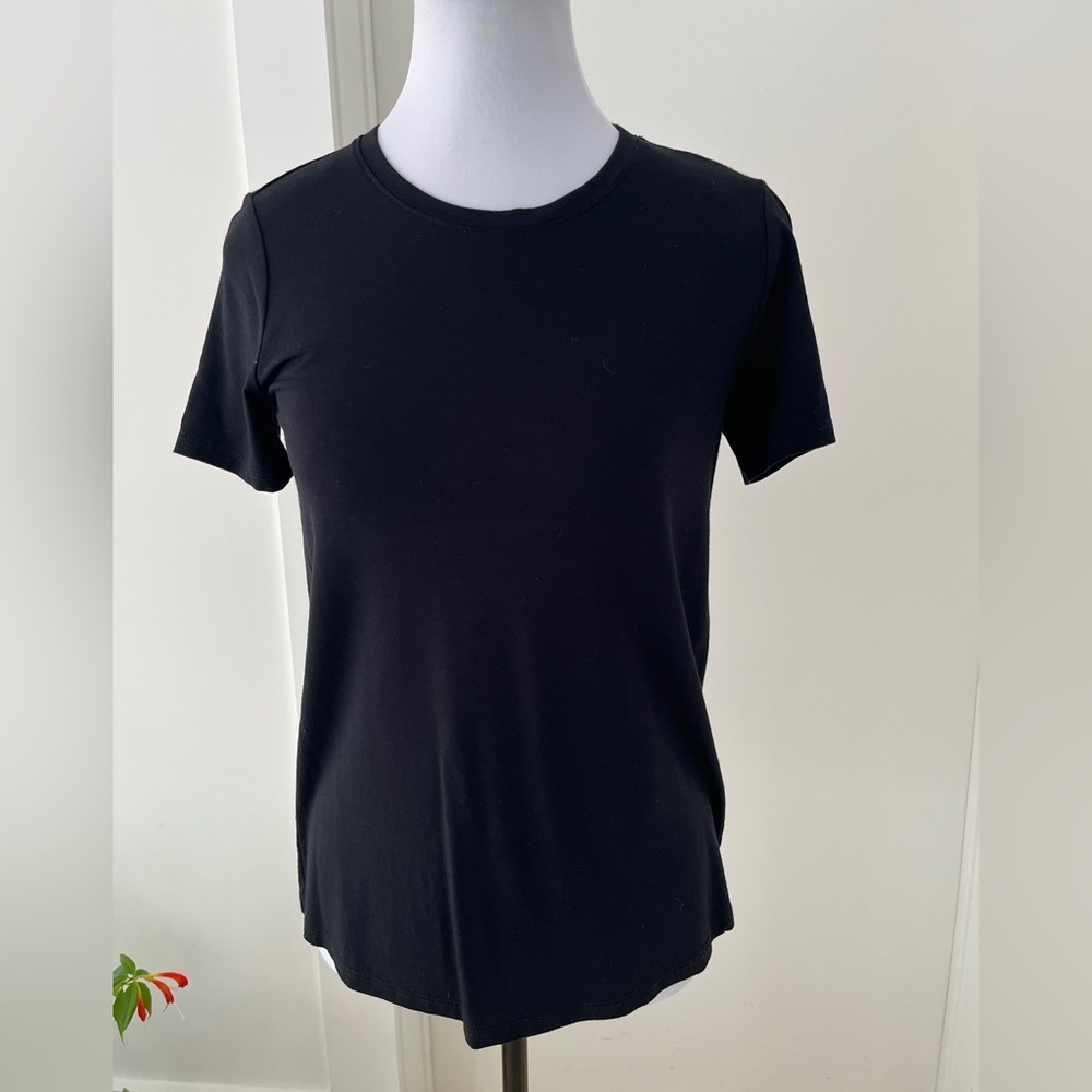 EILEEN FISHER Black Short Sleeve T-Shirt Basic Essential Stretch Minimalist XXS